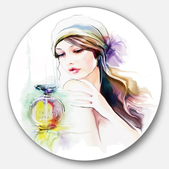 Designart - Woman with Perfume Bottle' Disc Portrait Contemporary Circle Metal Wall Art